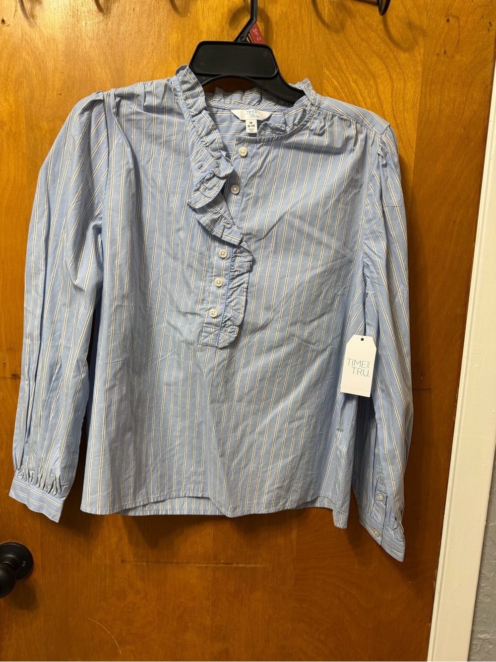 Light Blue Striped Ruffle Henley Blouse